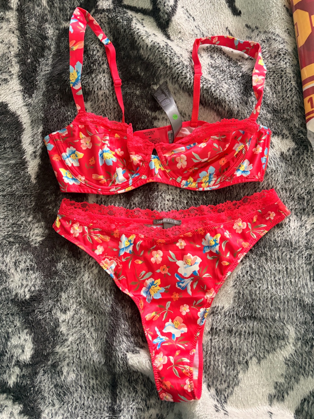 Savage X Fenty Red Floral Satin Lace Bra & Bikini Set